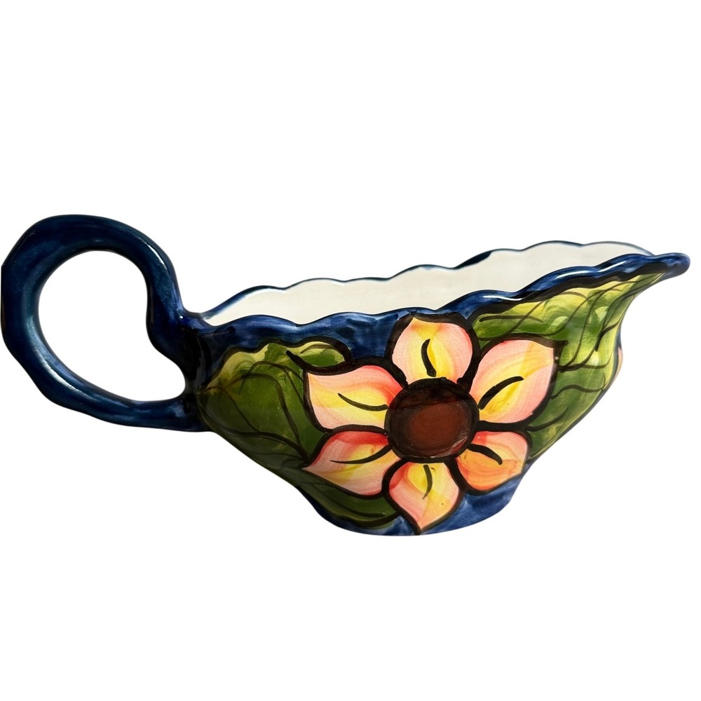El Salvador Hand Painted Ceramic Gravy Boat Floral Sunflower Blue Pottery C.A.